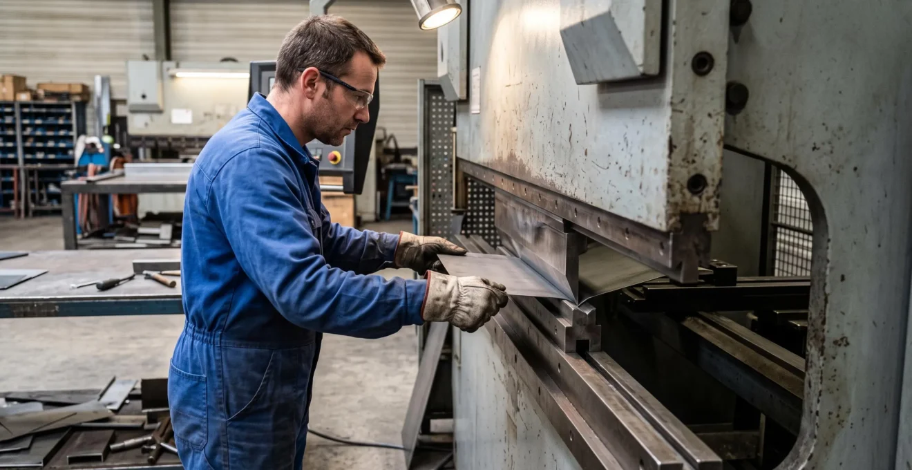 Opérateur utilisant une plieuse industrielle pour former une tôle métallique dans un atelier de chaudronnerie