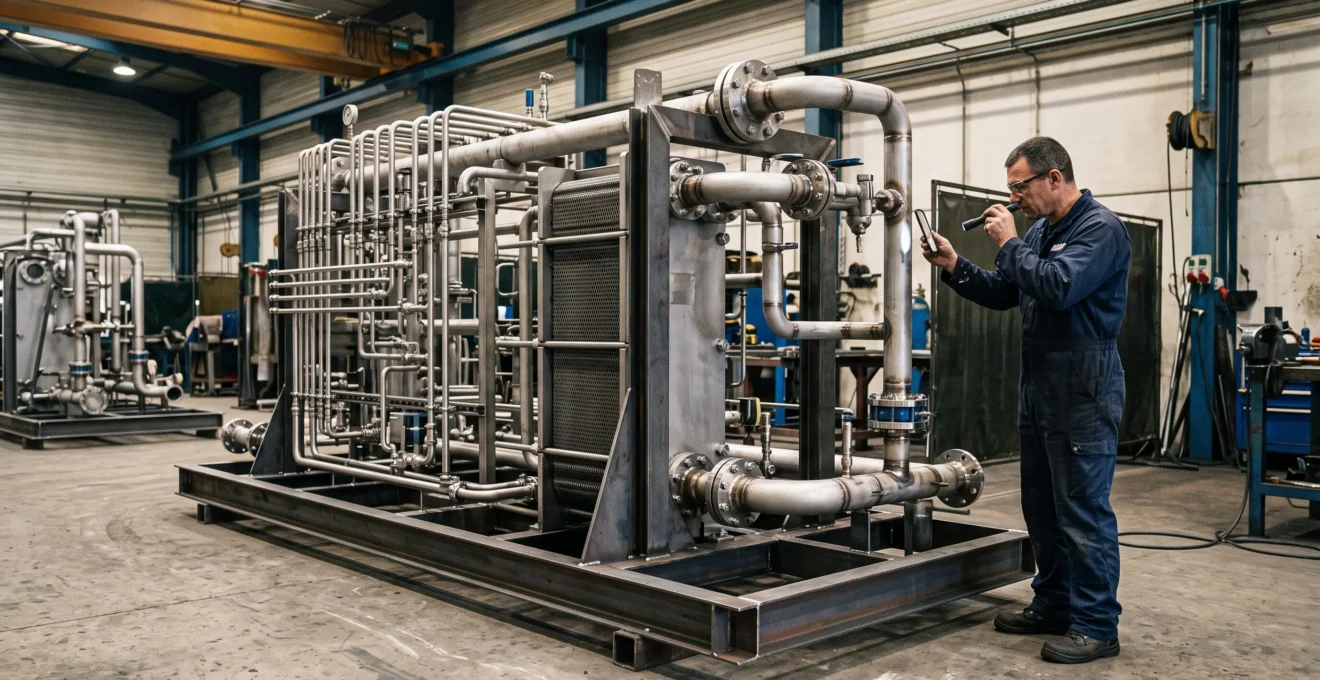 Skid industriel multifonction combinant châssis en chaudronnerie lourde et tuyauteries de précision en cours de contrôle final