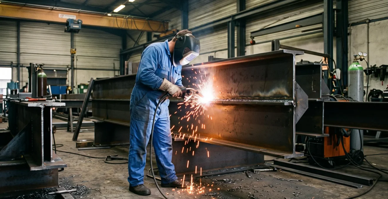 Chaudronnier réalisant une soudure à l'arc sur une structure métallique lourde dans un atelier industriel