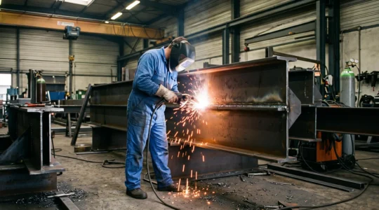 Chaudronnier réalisant une soudure à l'arc sur une structure métallique lourde dans un atelier industriel