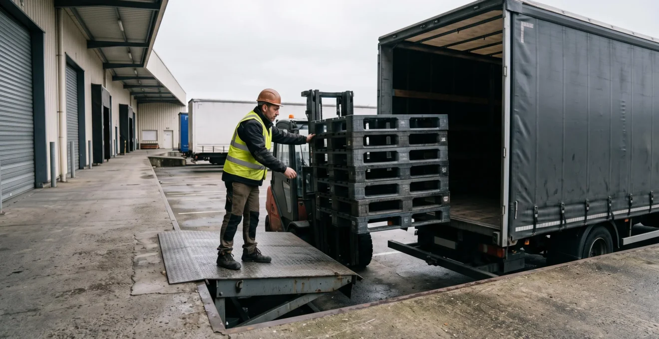 Un cariste charge des palettes en plastique recyclé dans un camion sur un quai de chargement.