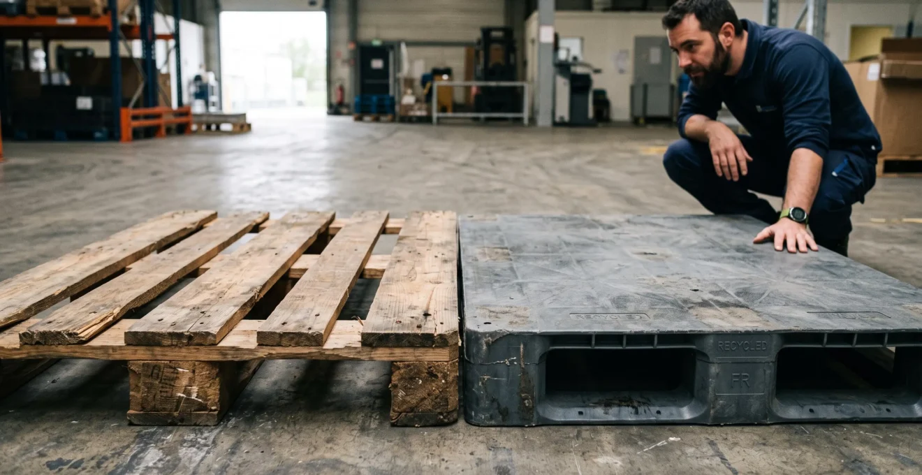 Une palette en bois et une palette en plastique recyclé côte à côte sur le sol d'un entrepôt, avec un homme accroupi.
