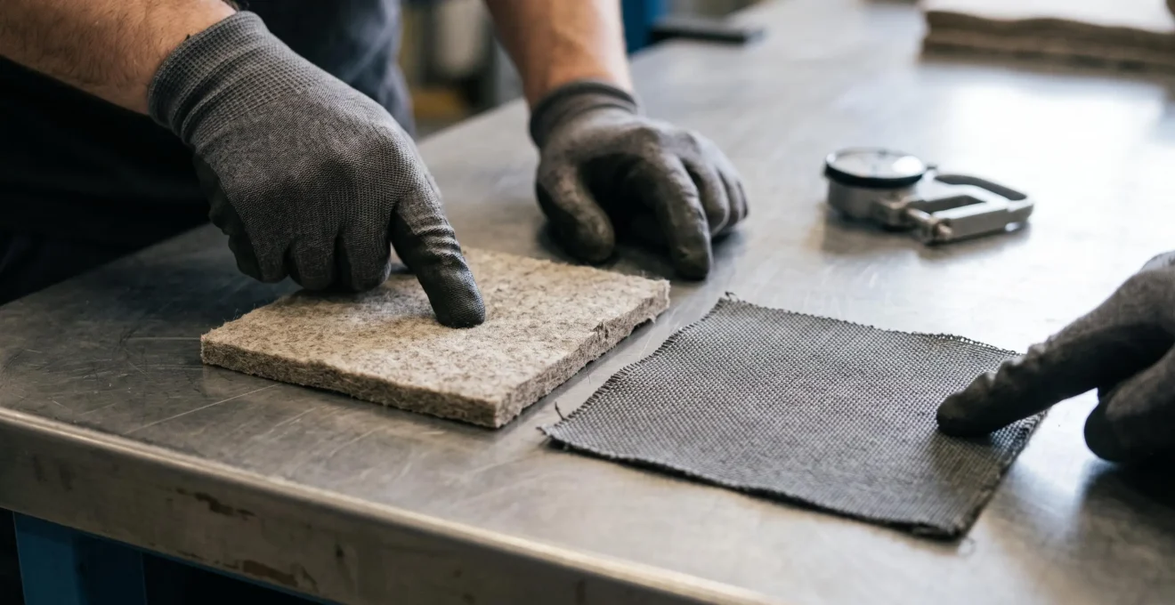 Des mains gantées comparent un échantillon de feutre pressé et un échantillon de tissu technique tissé sur une table métallique.