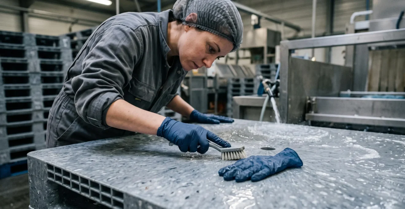 Gants d'un ouvrier nettoyant la surface d'une palette en plastique recyclé dans une zone industrielle.