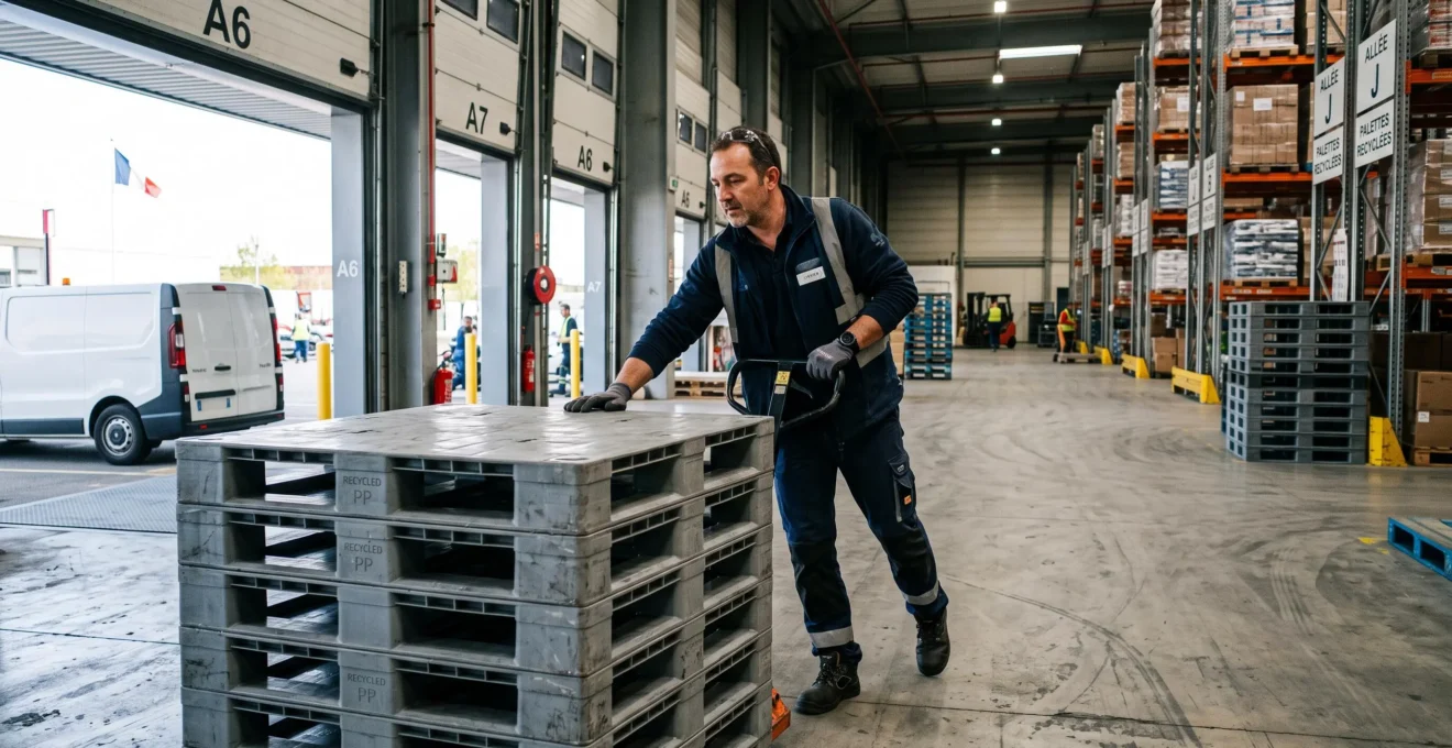 Un responsable logistique manipule une palette en plastique recyclé devant une pile de palettes dans un entrepôt.