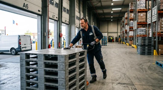 Un responsable logistique manipule une palette en plastique recyclé devant une pile de palettes dans un entrepôt.