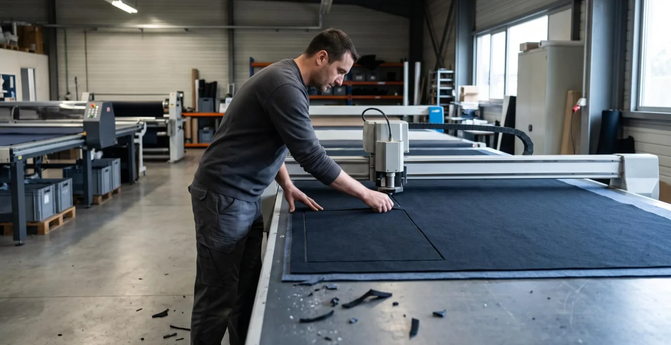Un technicien supervise la découpe d'une plaque de feutre technique sur une table de découpe numérique dans un atelier.
